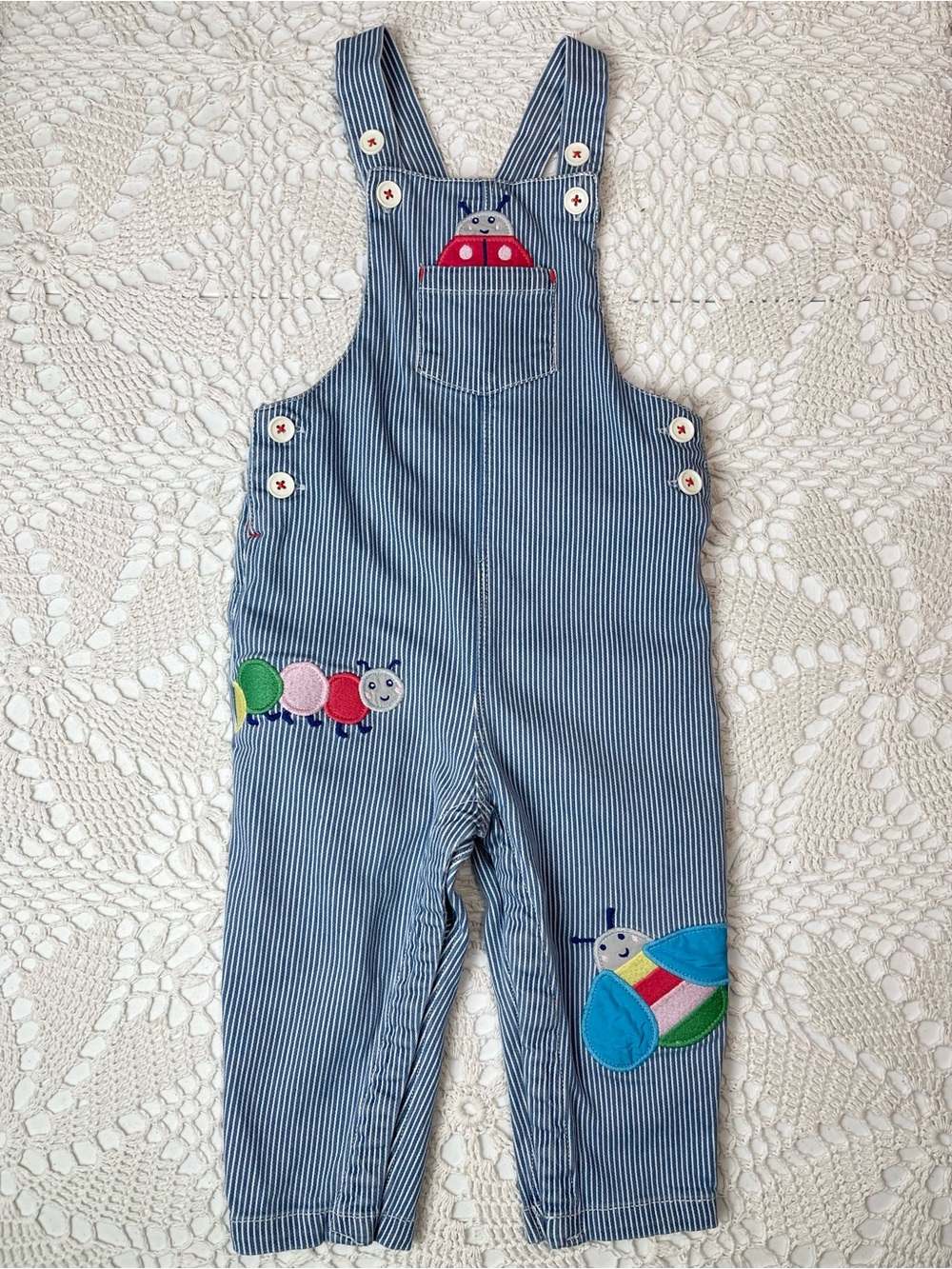 Baby Boden Girls 18-24 Months Blue Striped Bugs Applique Dungarees Overalls